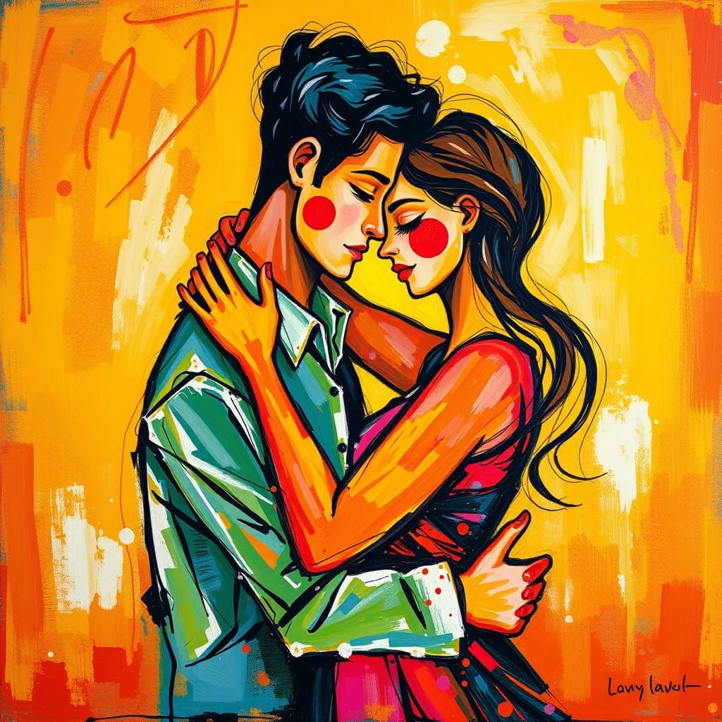 Expressive Abstract Painting of Loving Couple in Fulla Style