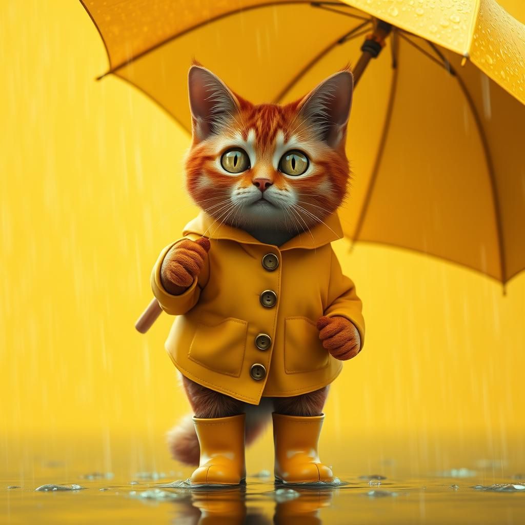 Cat in Yellow Raincoat, Dreamlike Concept Art