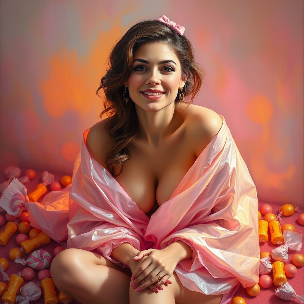 Seductive Woman in Candy Wrapper Fabric, Oil Painting
