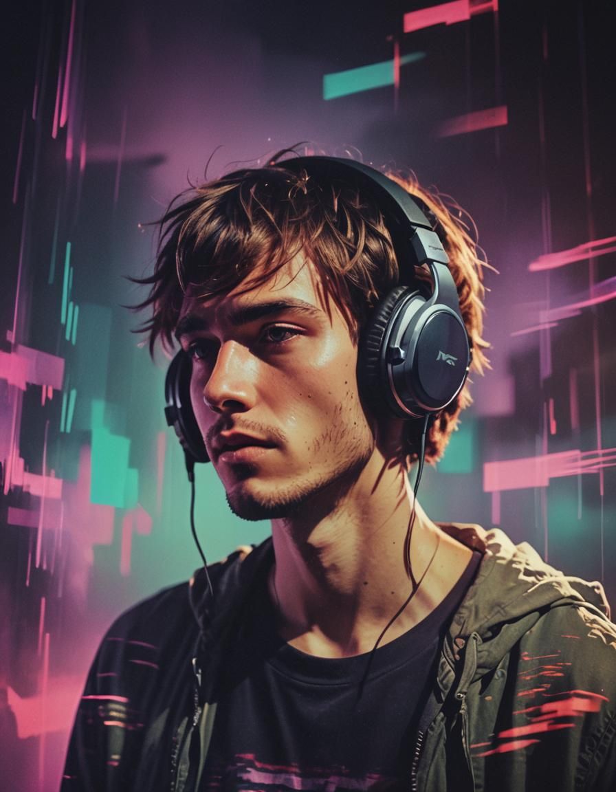 Young Man Listening to Music with Glitch Art