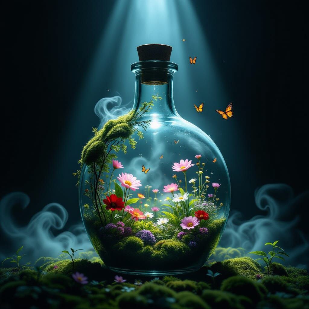 Enchanted Garden in Glass Bottle with Ethereal Mist