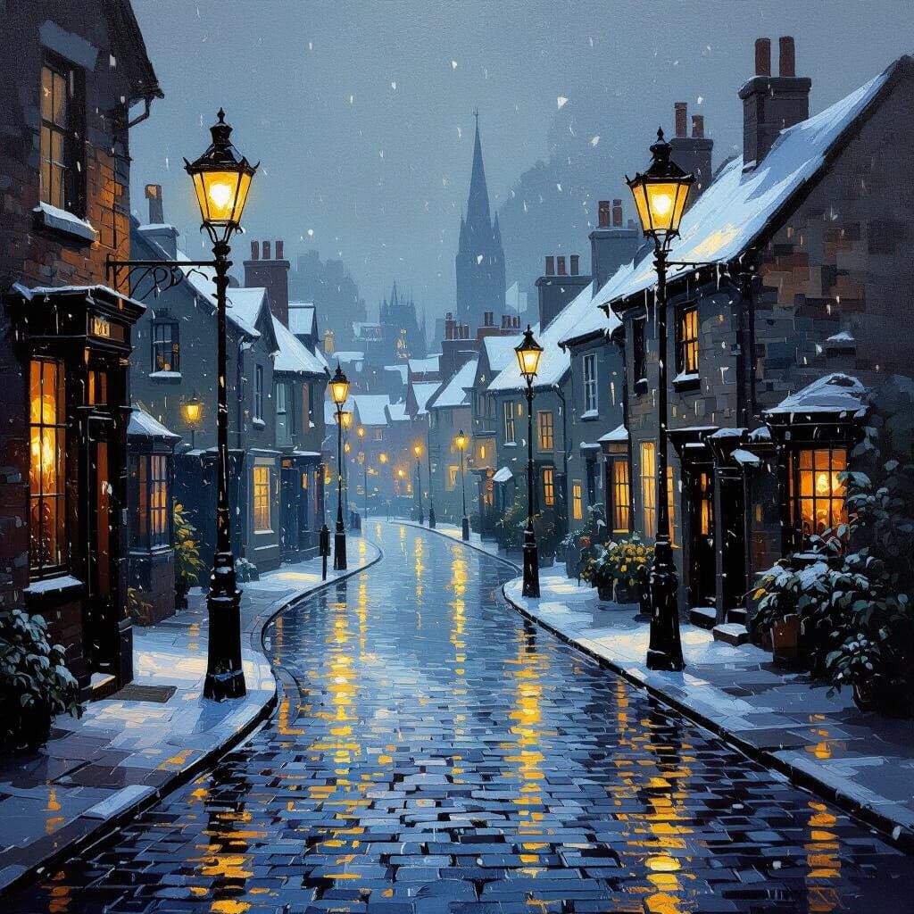 Winter Oil Painting of English Town Lamplight