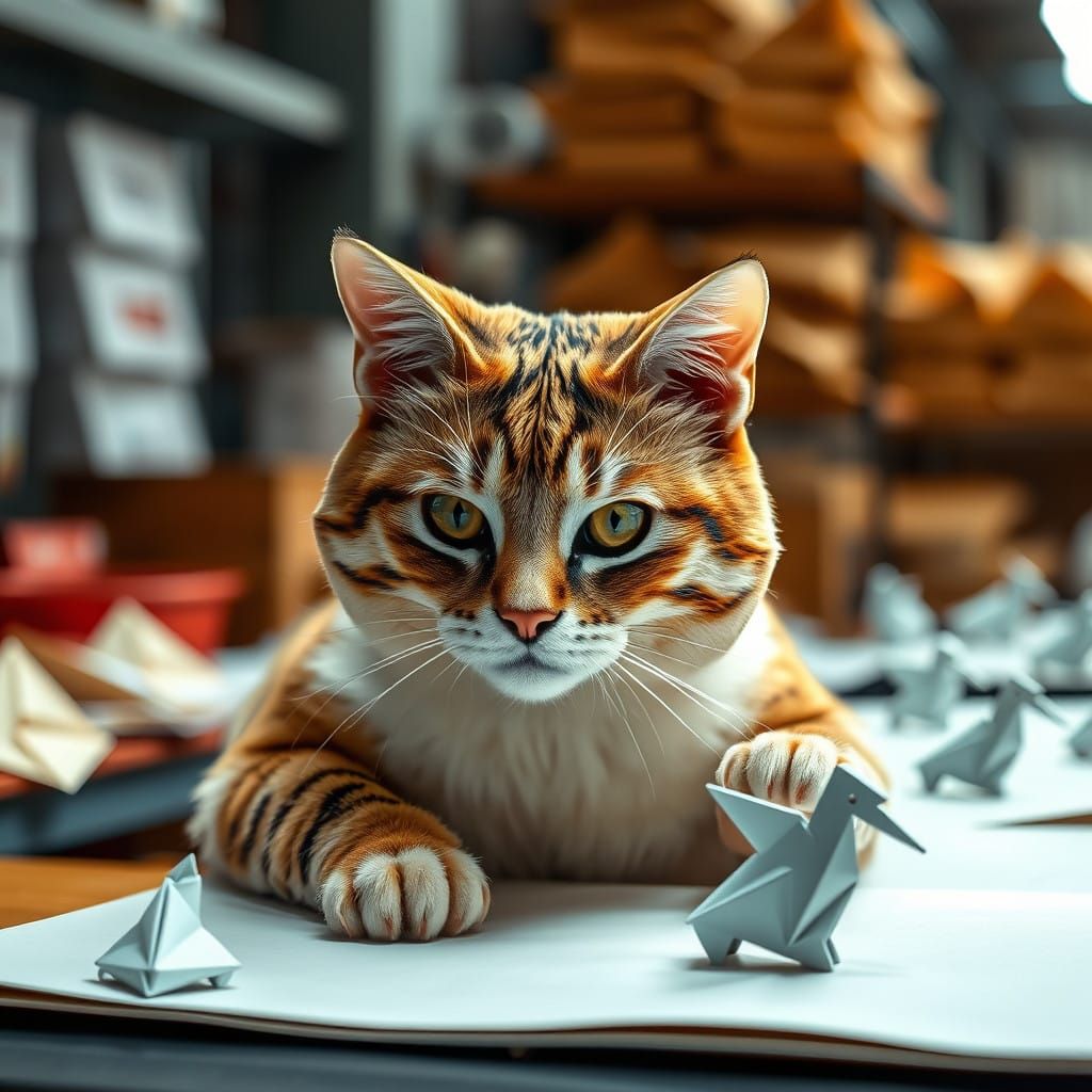 Industrial Cat Crafting Origami Masterpieces