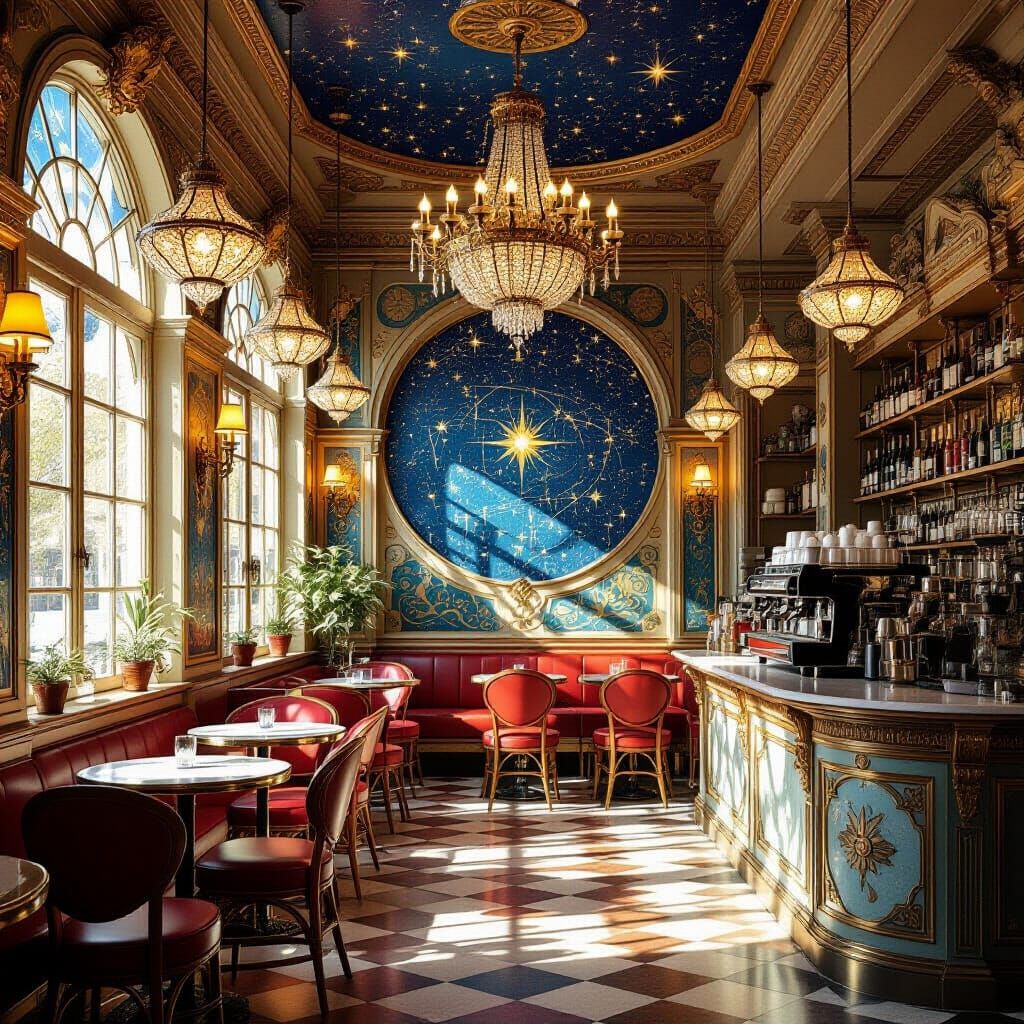 Whimsical Art Nouveau Cafe Interior with Celestial Decor