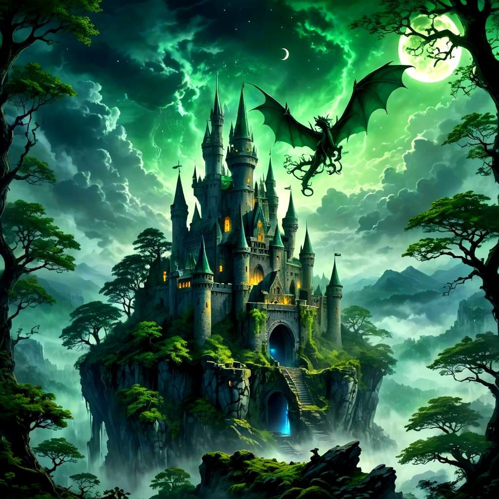 Moonlit Dragon Silhouette over Castle Ruins