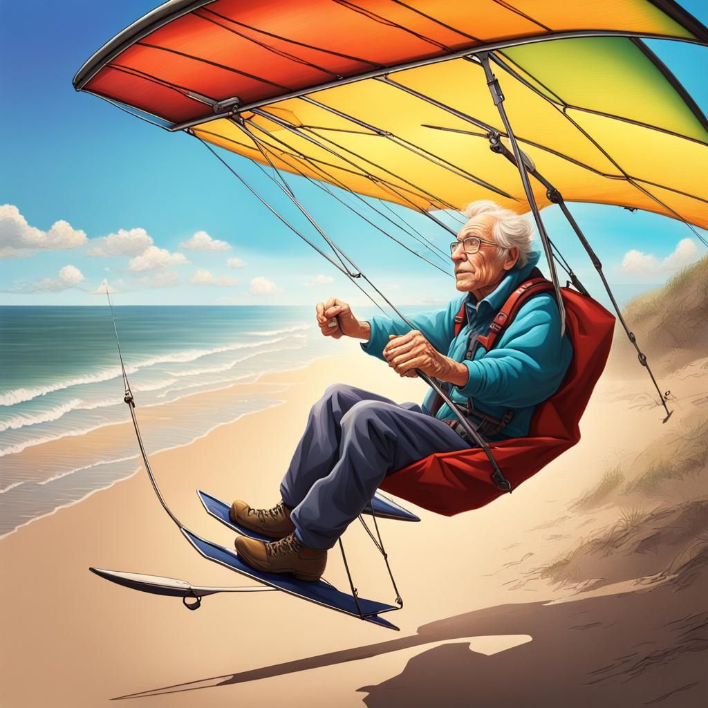 Hyperrealistic Old Person Hang Gliding on Beach