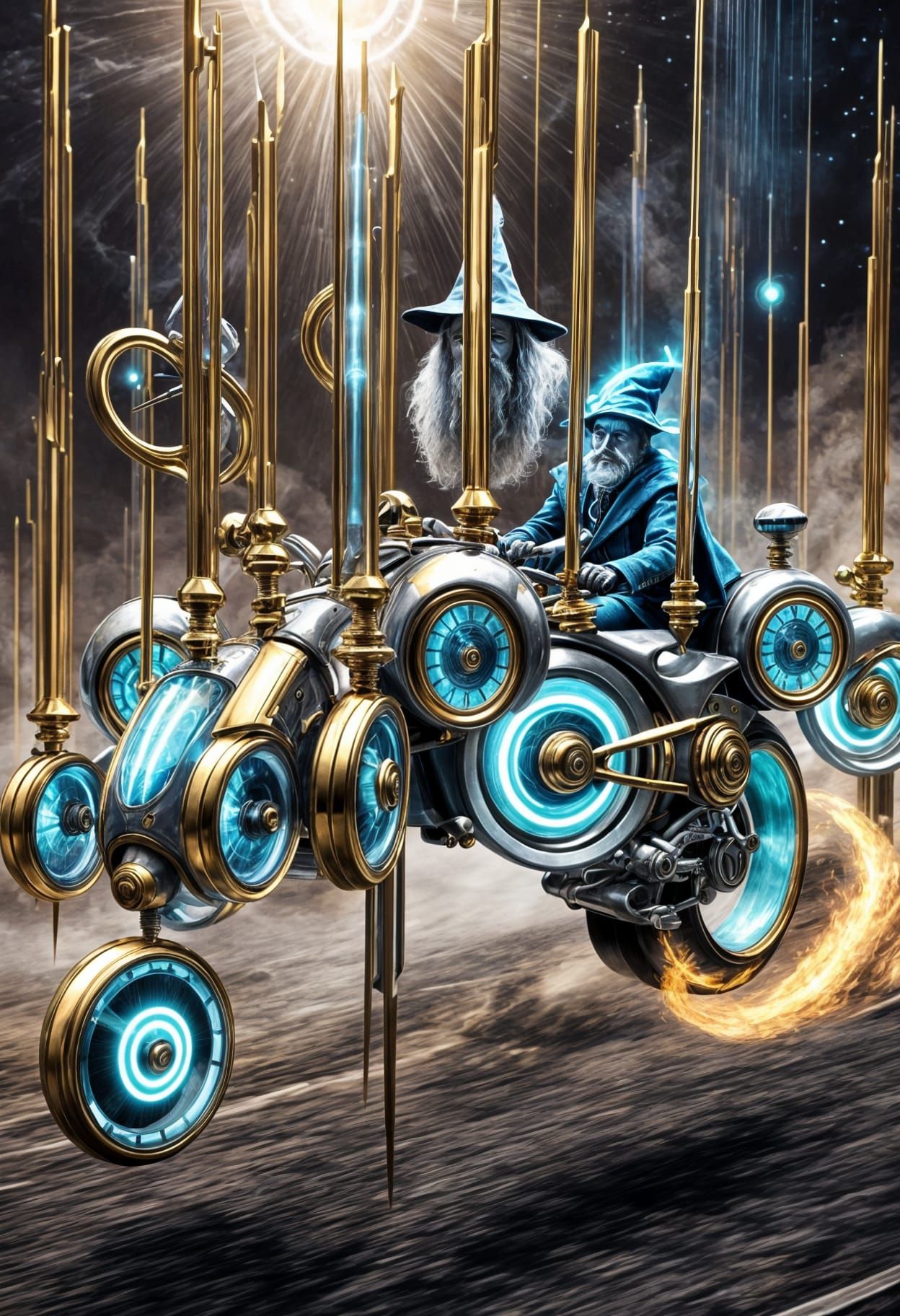 Wizard on Motorcycle with Steampunk Elements