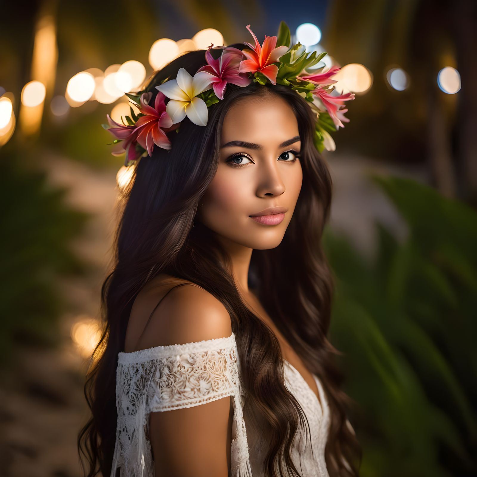 Polynesian Woman with Bioluminescent Waves at Night