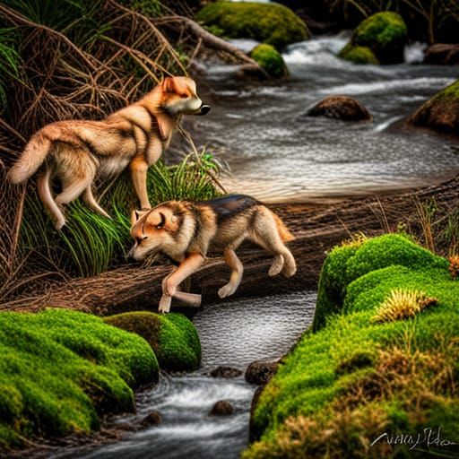 Wolf Family Crossing Stream in Winter