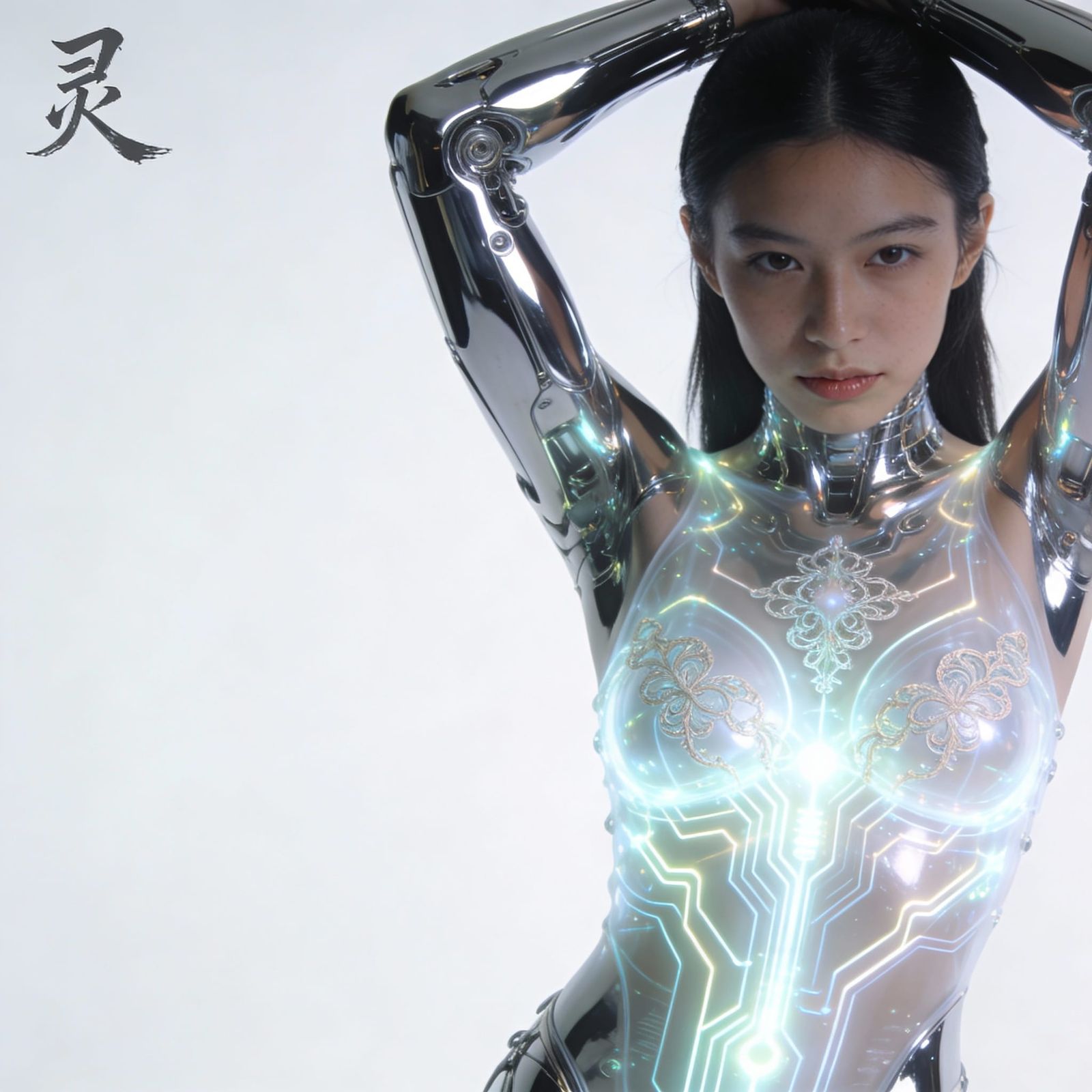 Cybernetic Woman With Glowing Circuits and Chrome Enhancemen...
