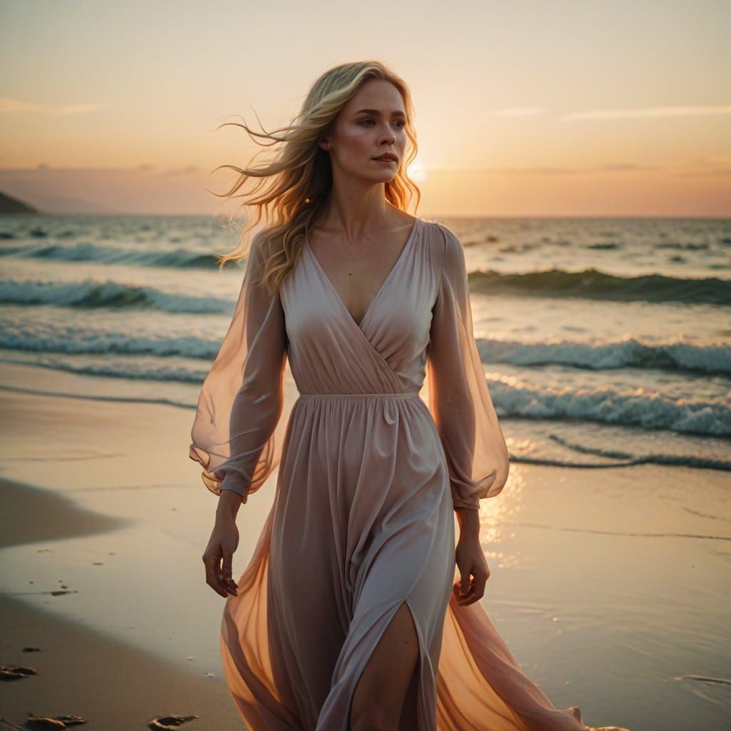 Blonde Actress on Beach at Sunset