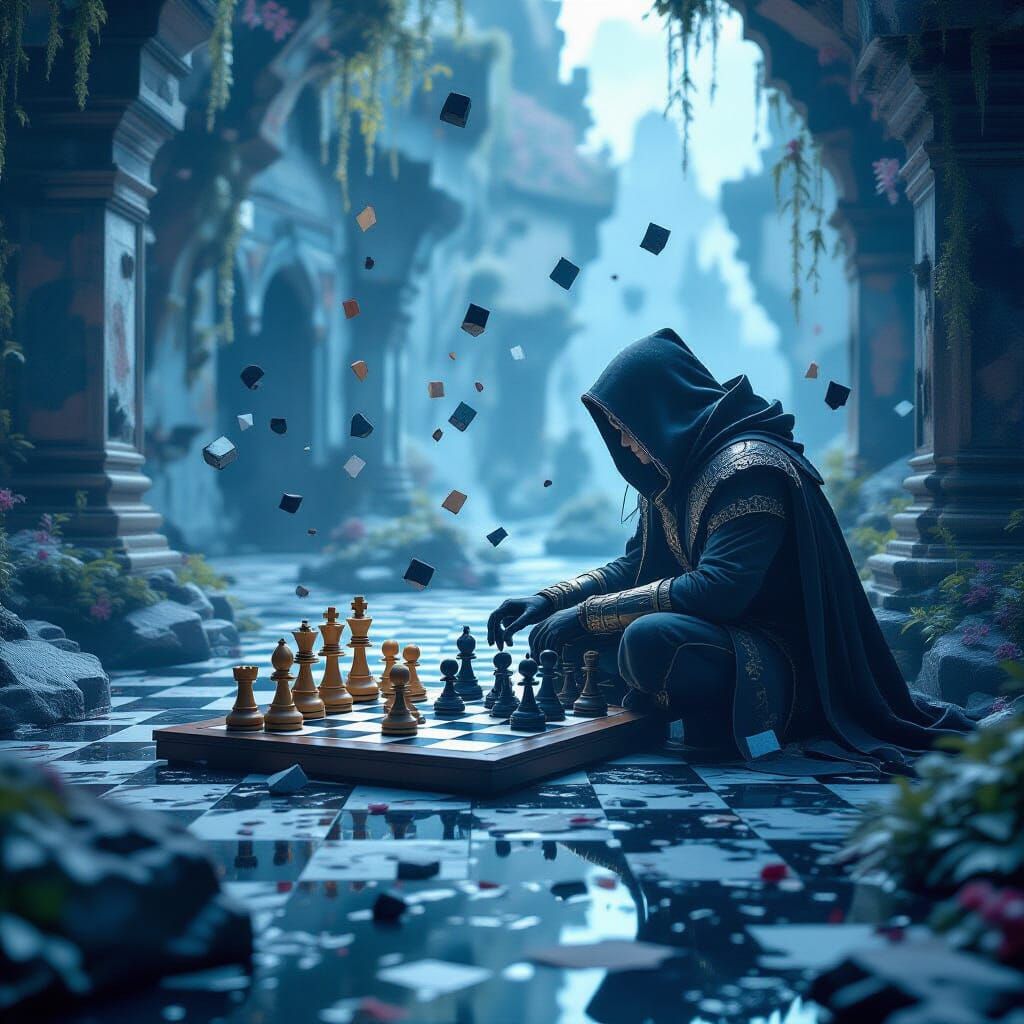 Chess Game in Fragmented Digital Realm as Matte Painting