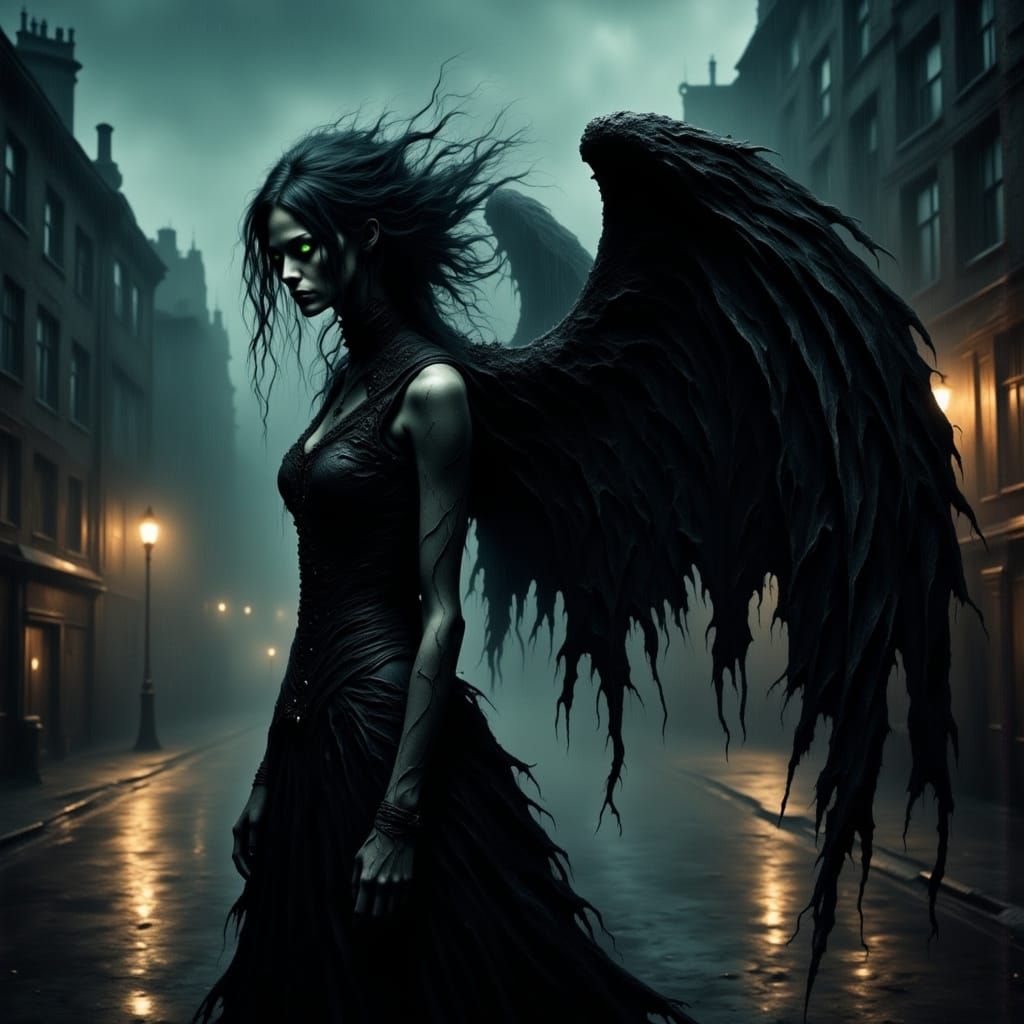 Ethereal Dark Angel Contemplates Rainy Night
