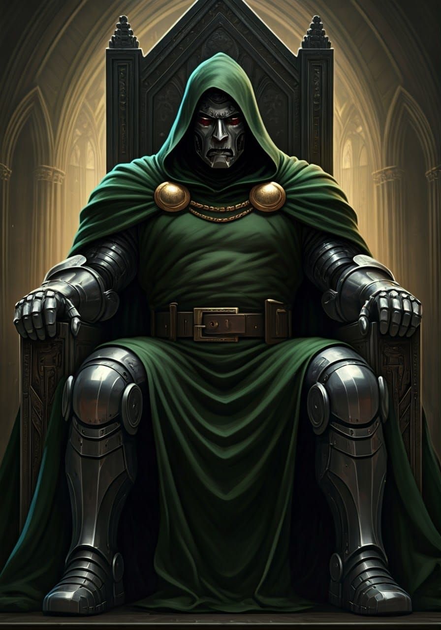 Doctor Doom on Techno-Gothic Throne in Steel Armor