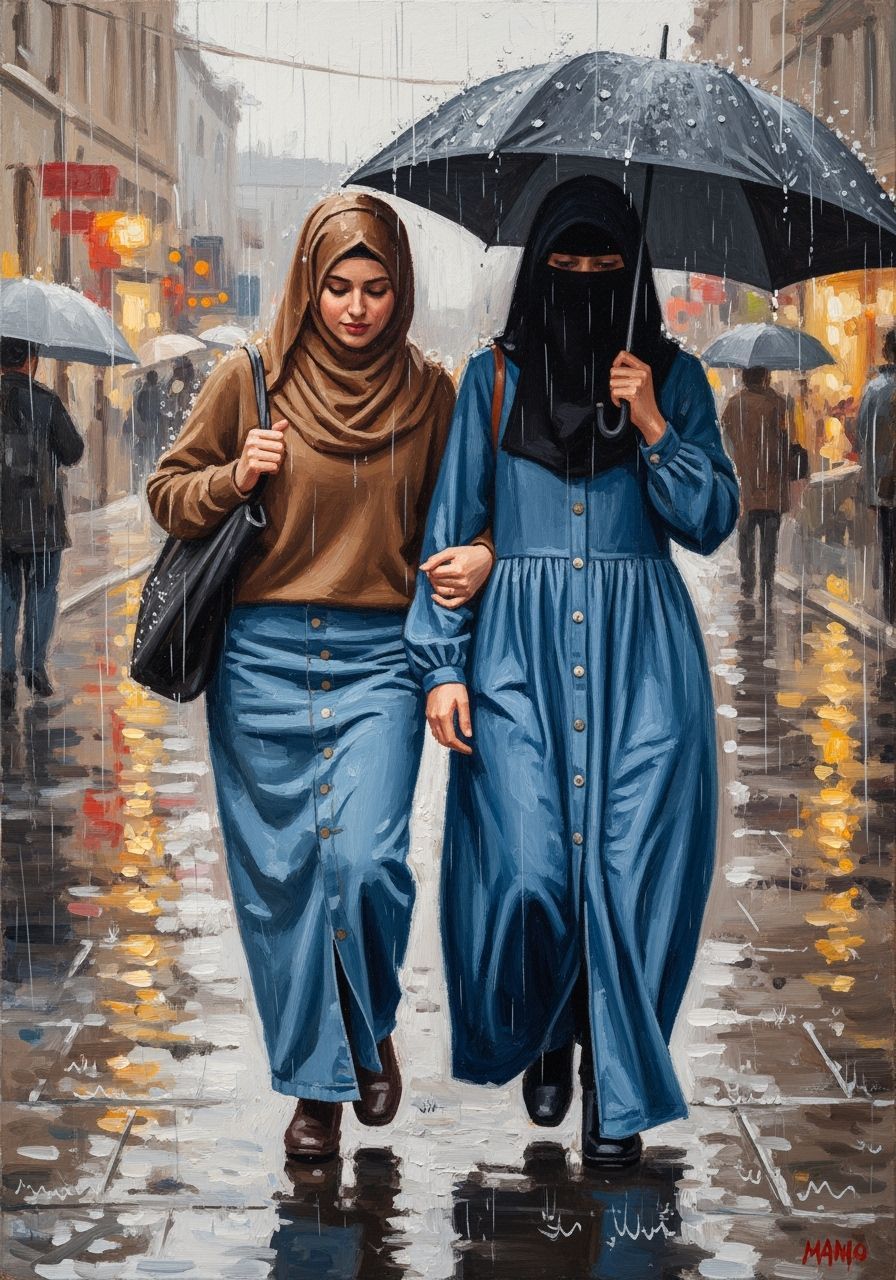 European Women in Rainy Cityscape as Oil Painting