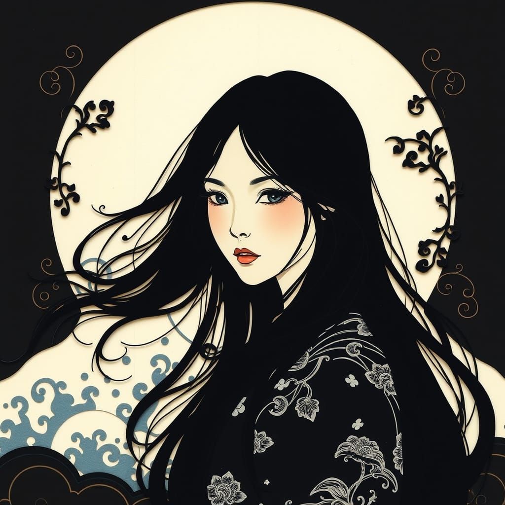 Woman with Black Hair in Japanese Kiri-e Style