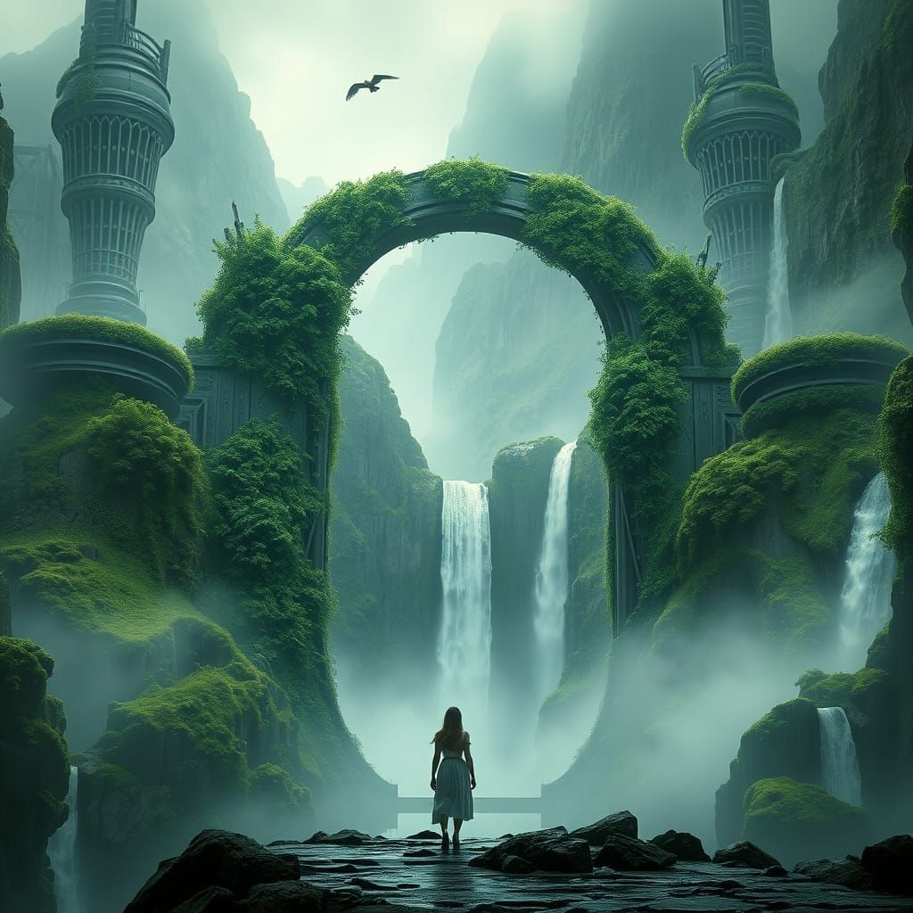 Majestic Futuristic Valley with Lush Green Metal Archway