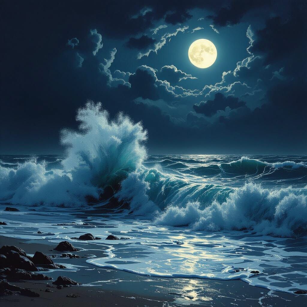 Dramatic Ocean Waves Under a Full Moon Night Sky