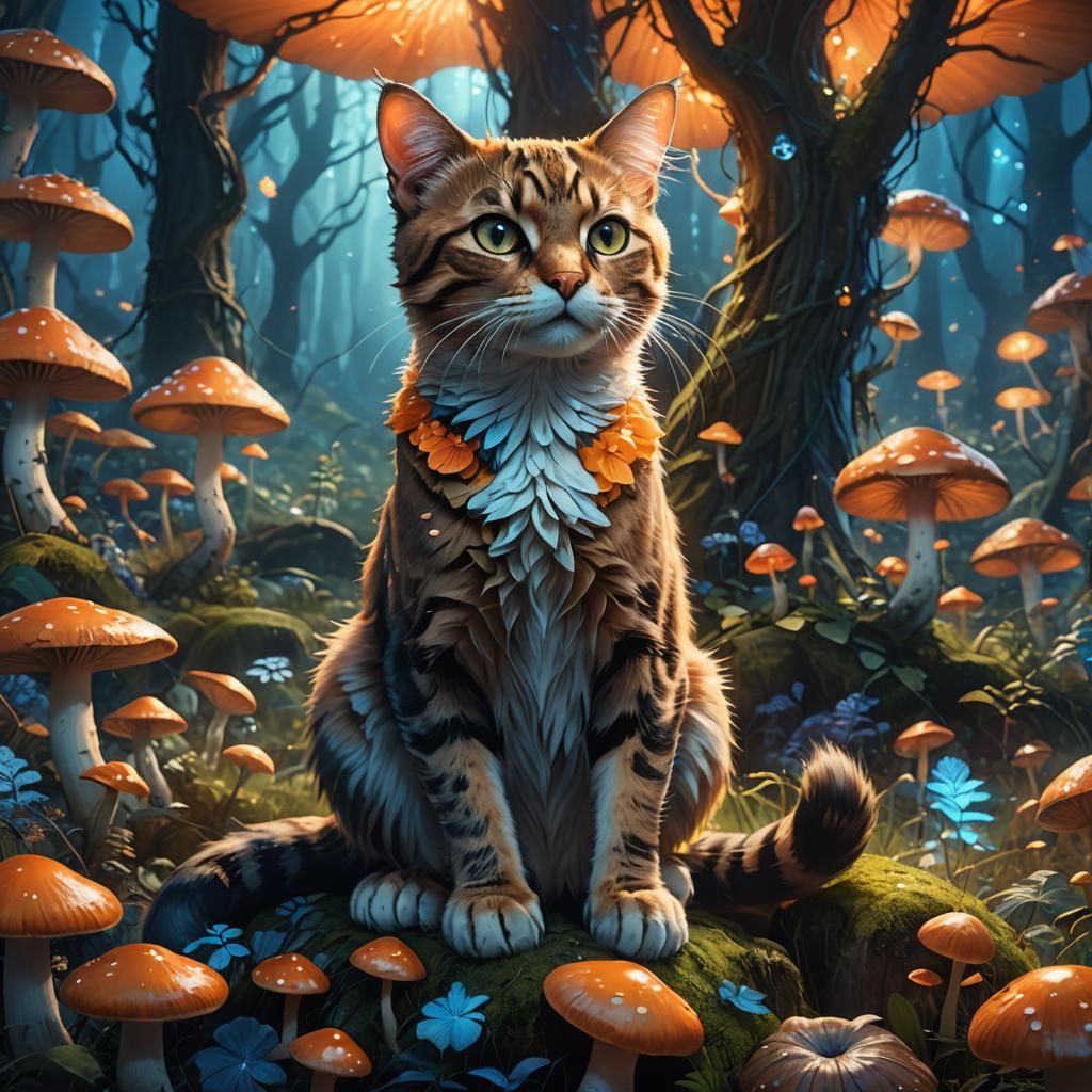 Realistic Cat in Mystic Mushroom Forest Concept Art