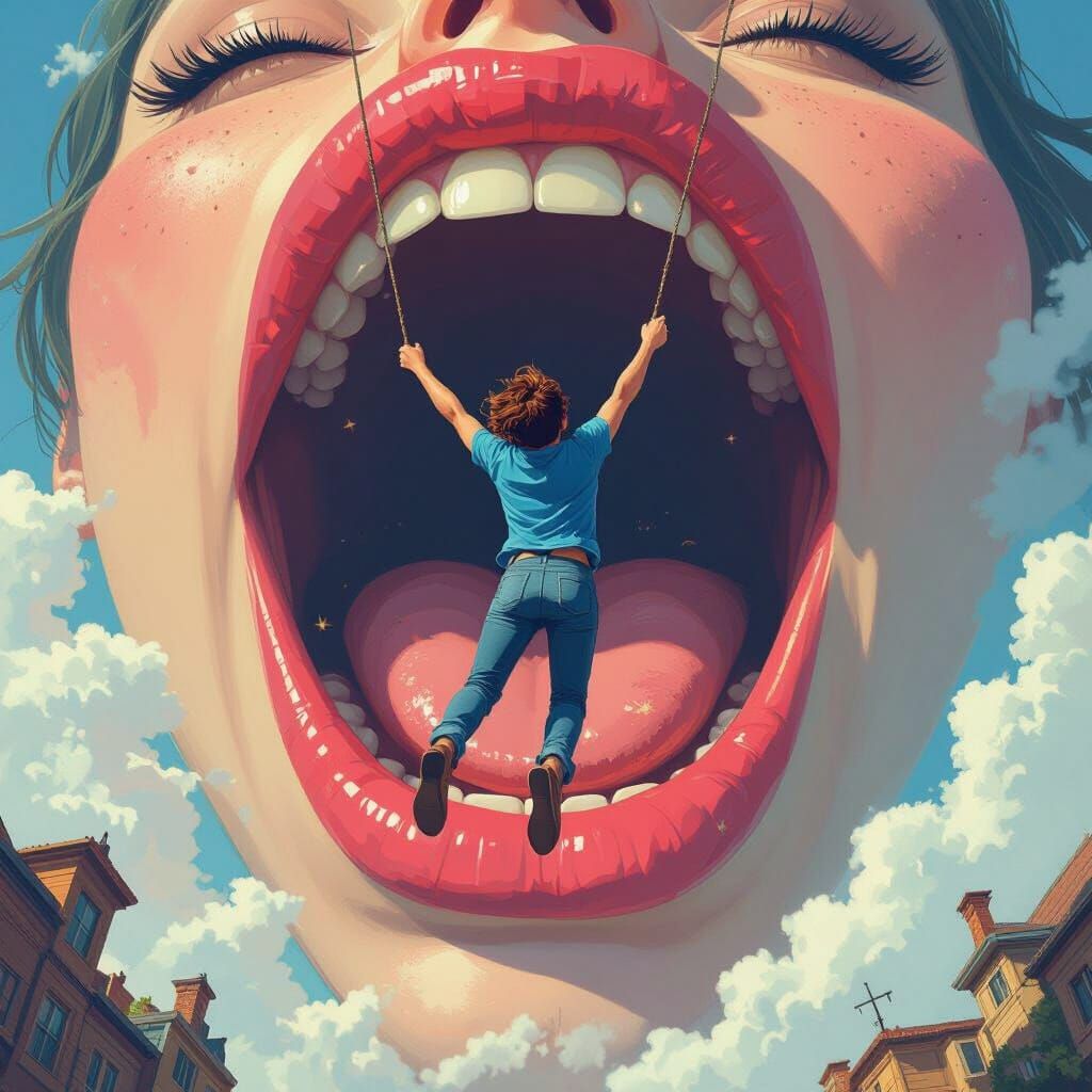 Person Dangling Over Giantess's Throat, Fantastical Art