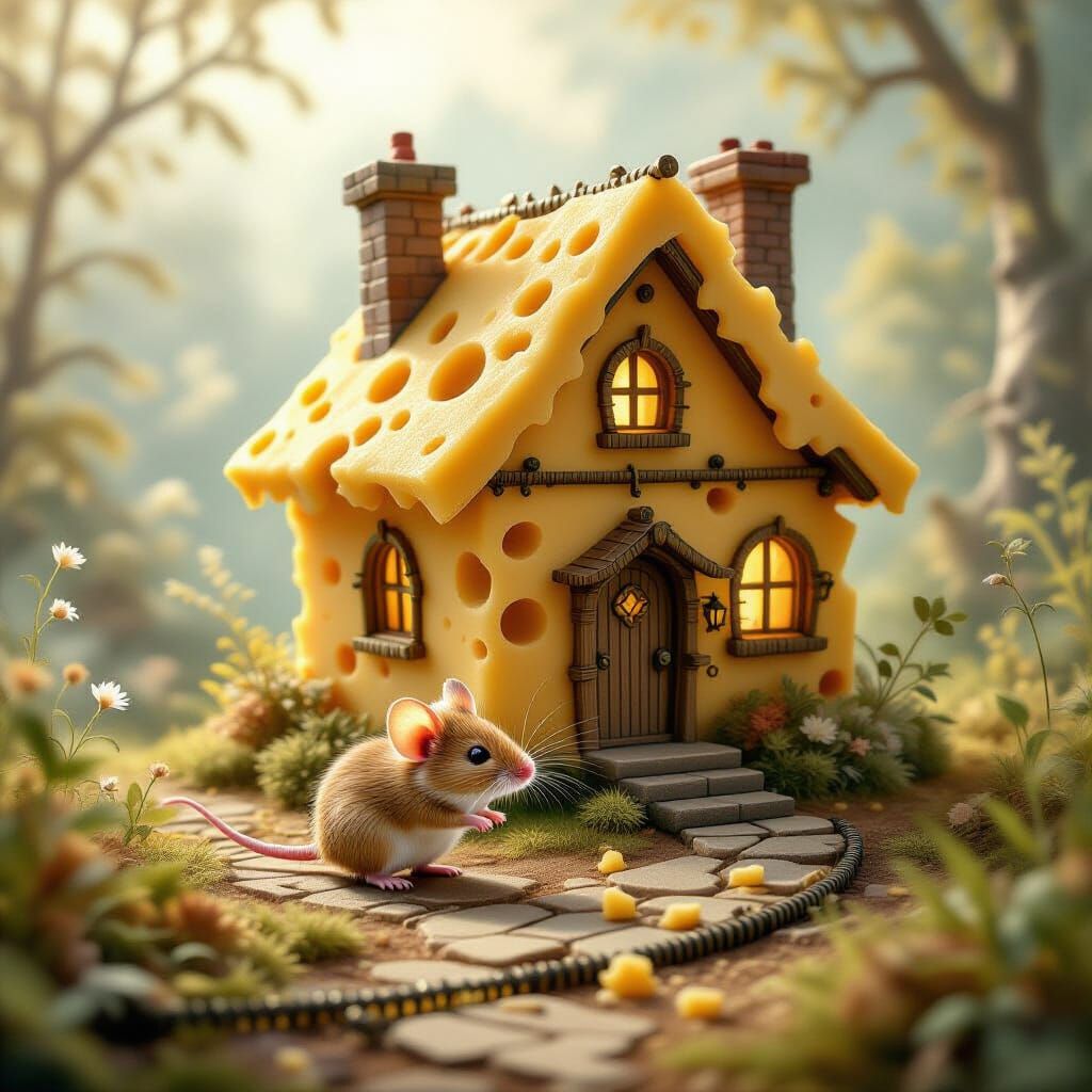 Golden Cheese Mouse in Surreal Mousetrap House