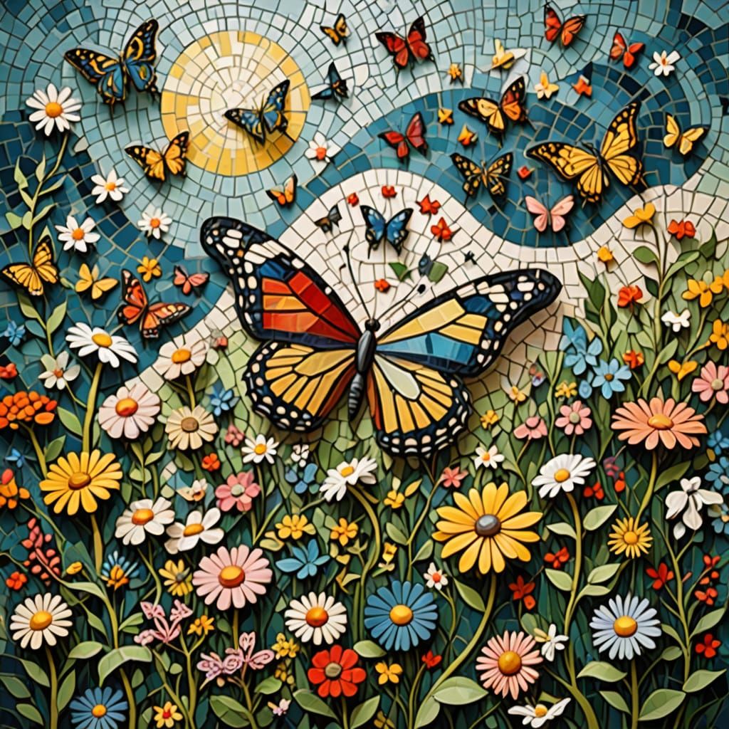 Whimsical Floral Landscape in Vibrant Mosaic Style