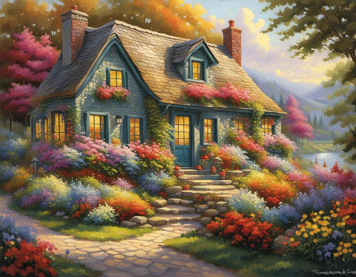 Charming Cottage with Flowers Painting