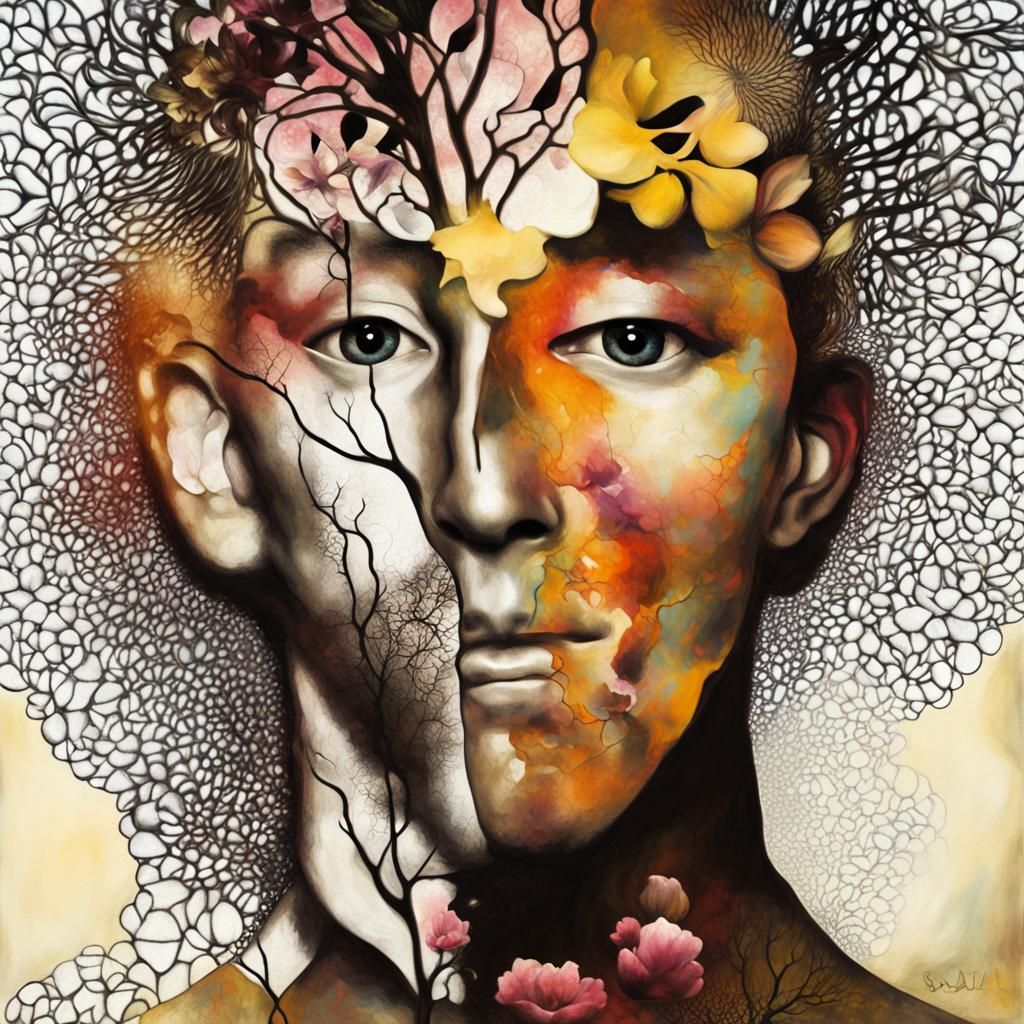 Surreal Man Portrait with Blossoms in Dali Style