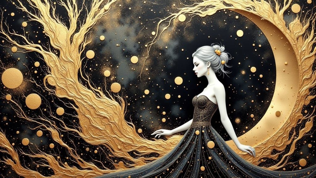 Elegant Woman in Fantastical Landscape with Vibrant Calligra...