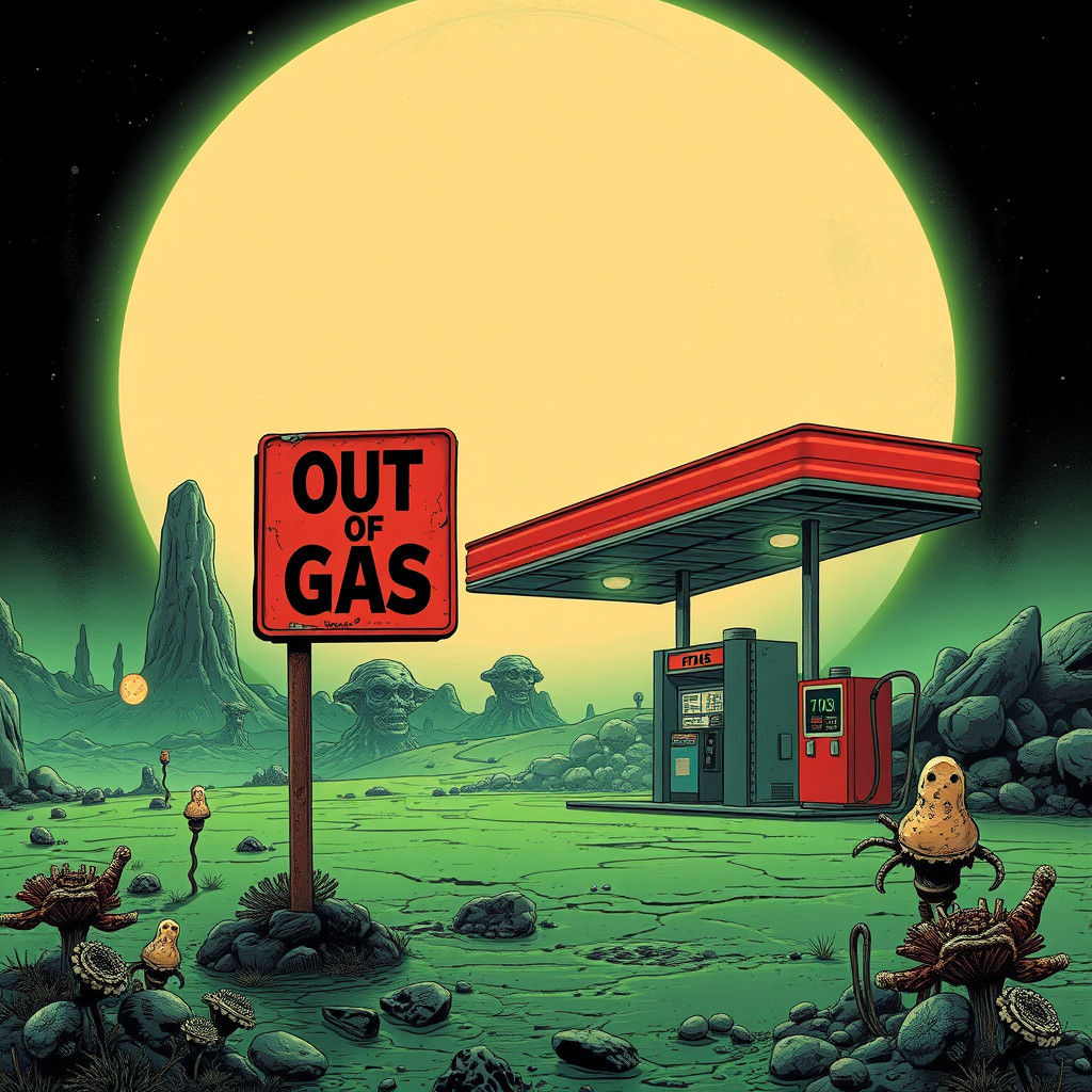 gas station on a green alien planet, grainy, Retrofuturistic...