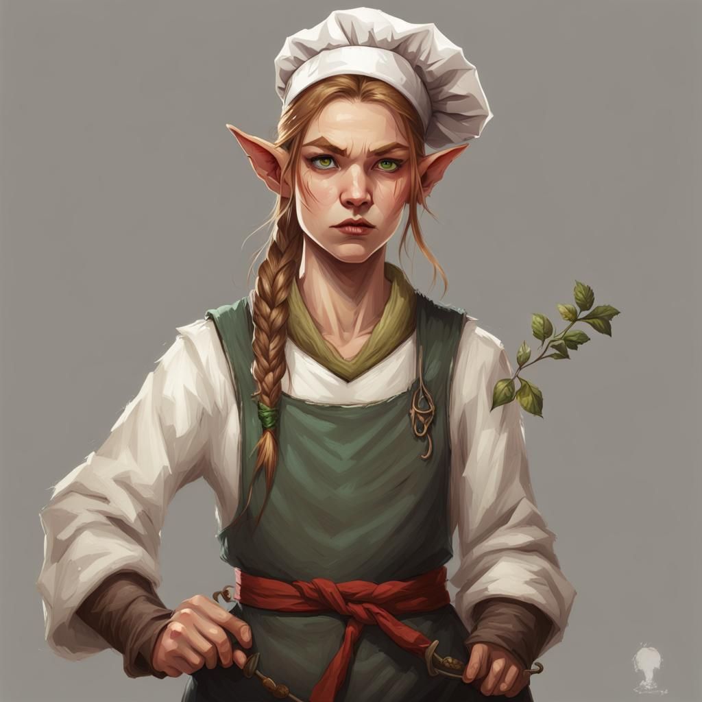 Grumpy Young Female Elven Chef Portrait