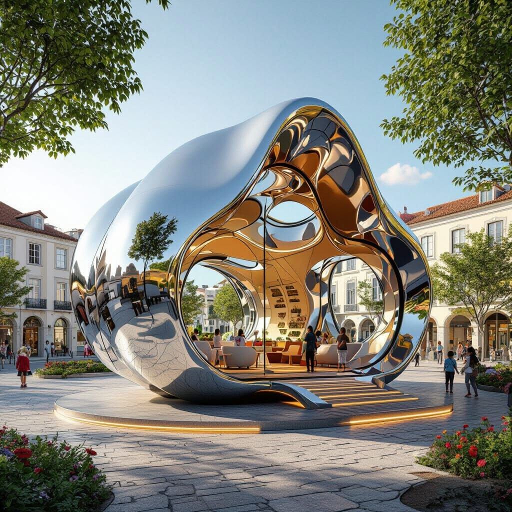 Futuristic Chrome Pod in Sunny Town Square