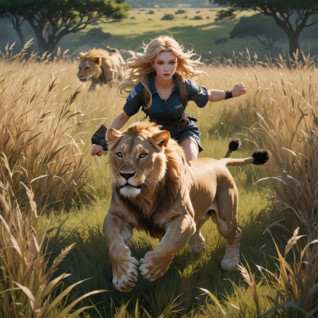 Girl Rides Lion in Anime Style