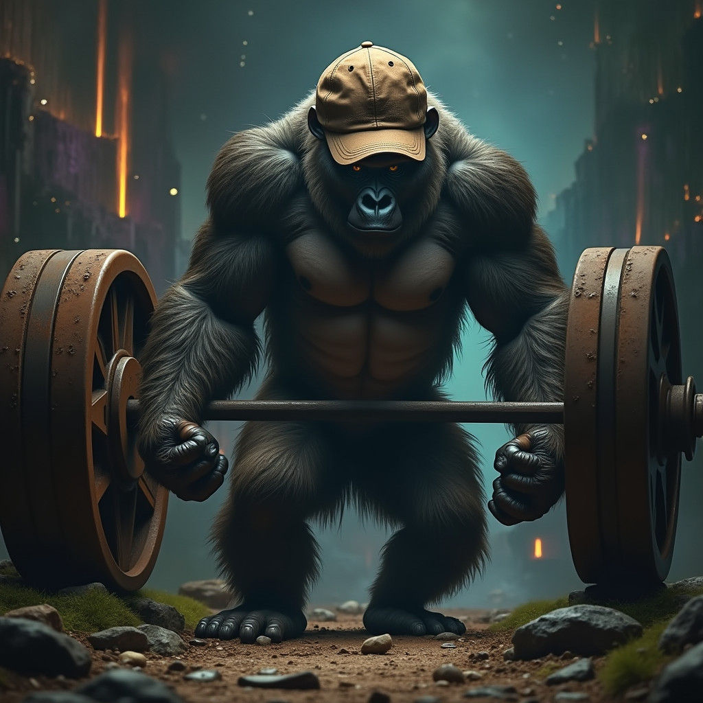 Gorilla Weightlifting in Dreamlike Landscape
