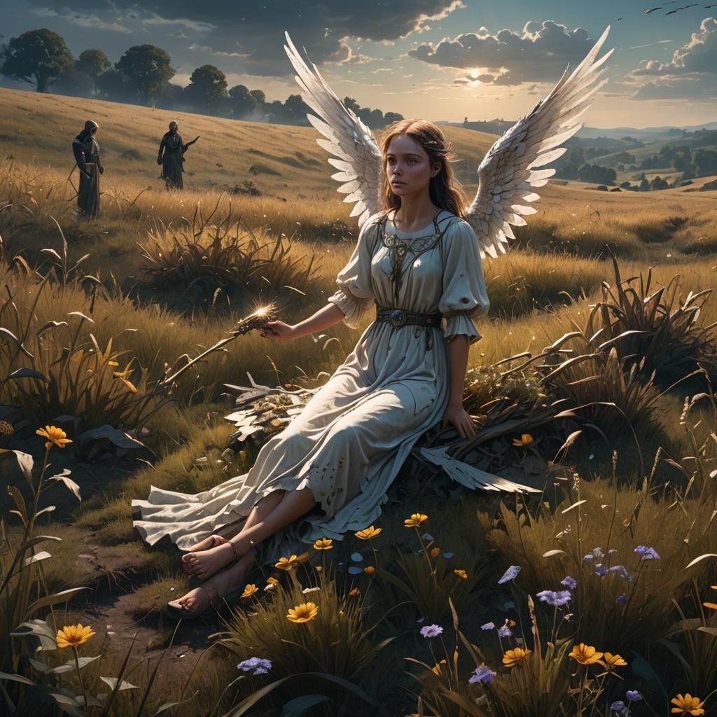 Angel Watches Over Girl in Field: Fantasy Art