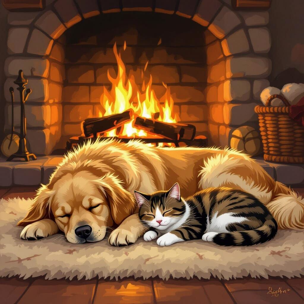 Cozy Golden Retriever and Tabby Cat by Fireplace