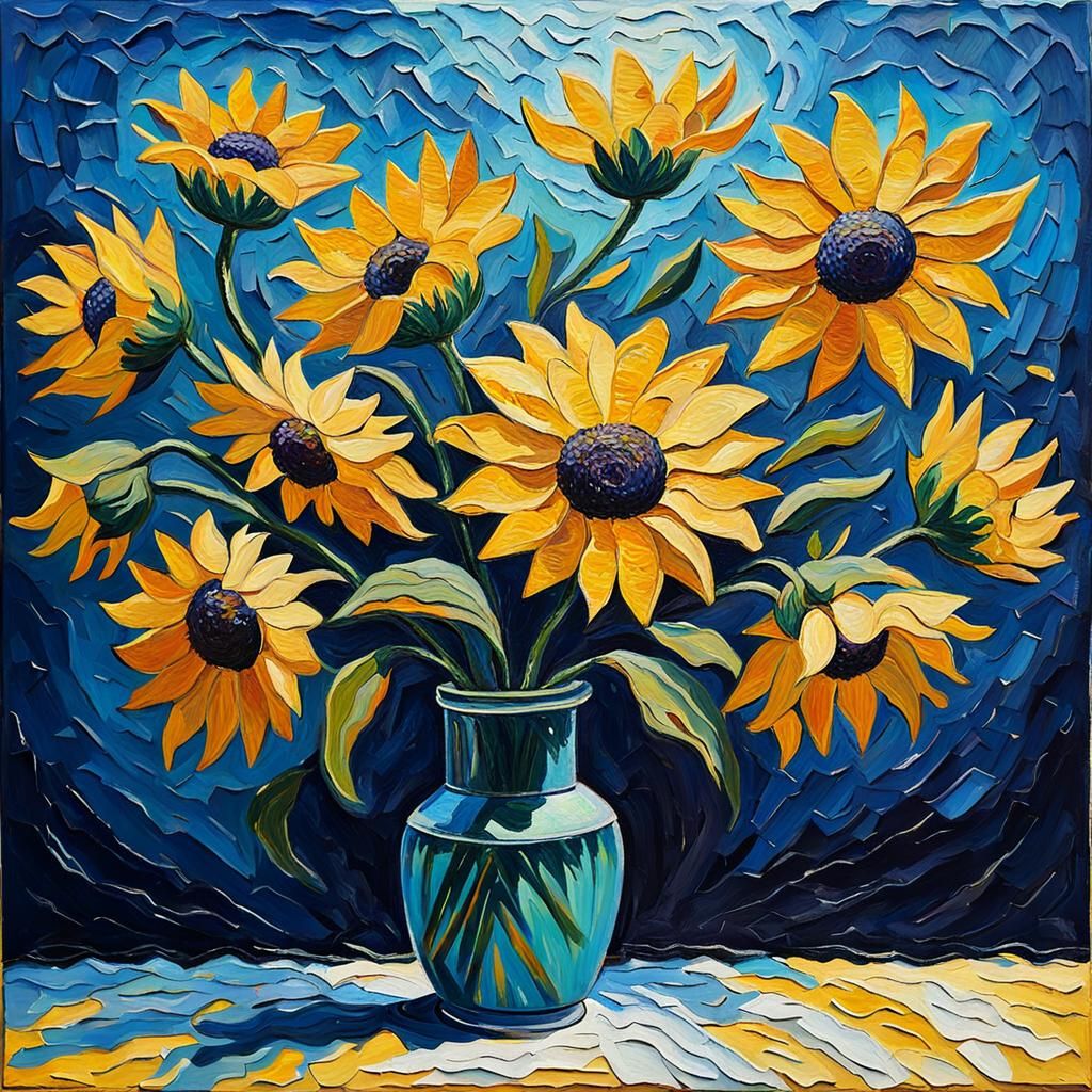 Yellow Flowers in Morning Sun, Neo-Impressionist Oil Paintin...