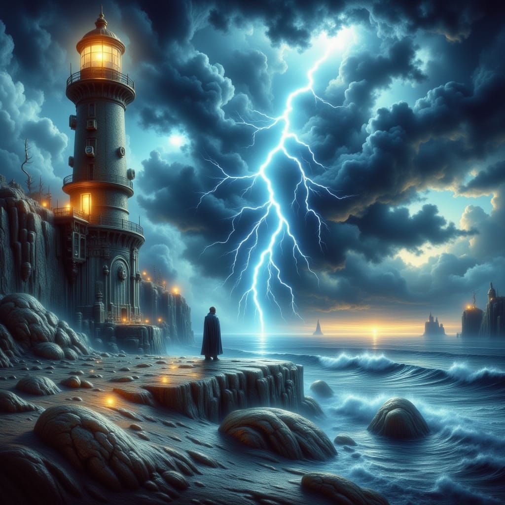 <lora:FiosZodiacSigns1:1.0> <lora:GazOilpaint:1.0> A solitary lighthouse keeper stands on a crumbling cliffside, gazing ...