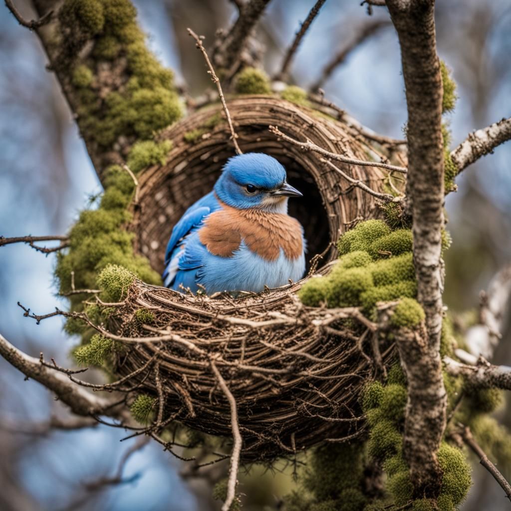 Cozy Bluebird Nest with Mother and Eggs