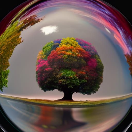 Rainbow Oak in Glass Ball: Hyperrealistic Flower Field