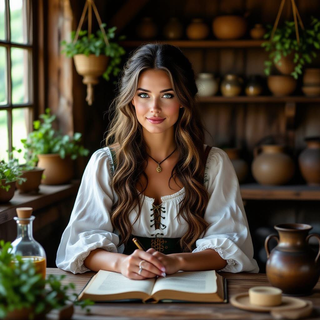 Medieval Woman Brewing Potions in Herbery