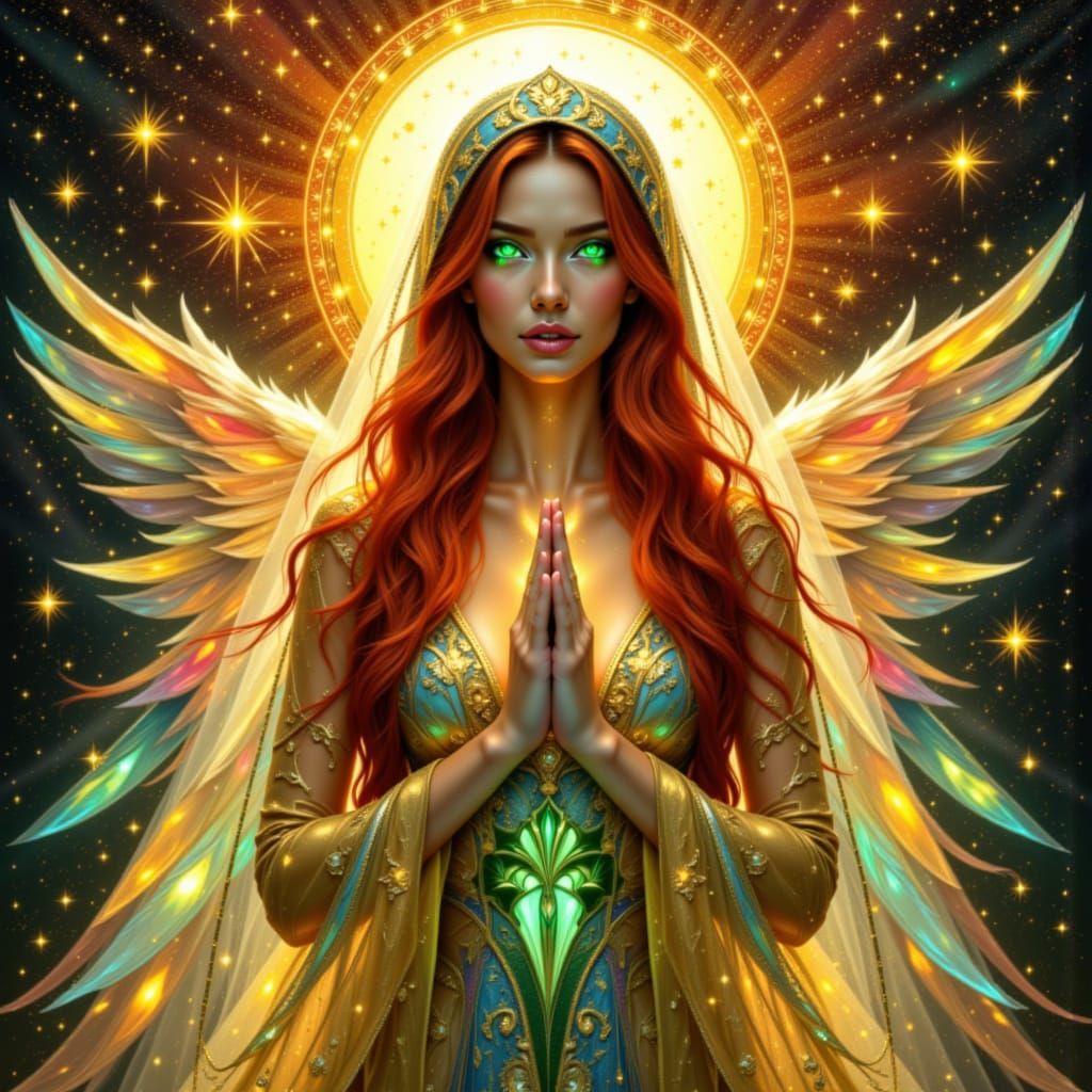 Swan Goddess in Golden Aurora Light and Stained Glass Gown