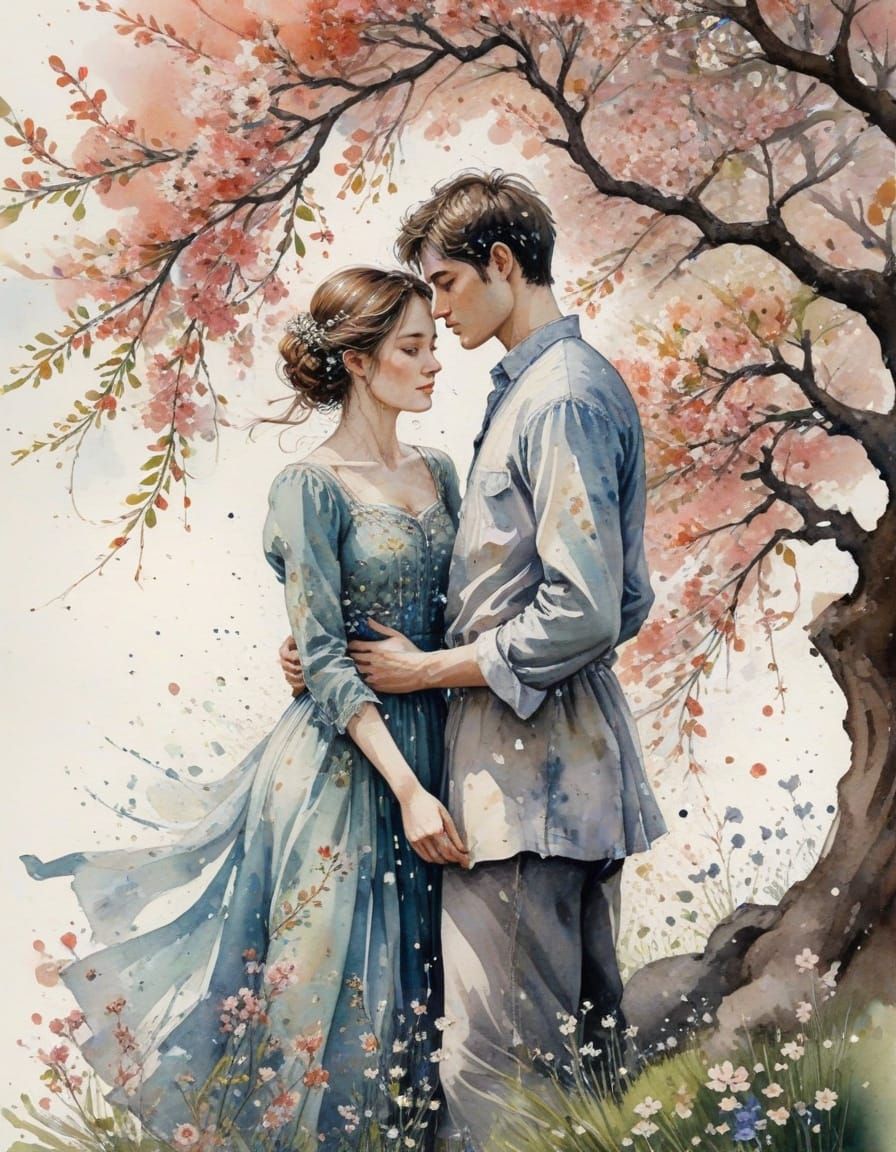 Romantic Couple Under a Blooming Tree in Watercolor Style