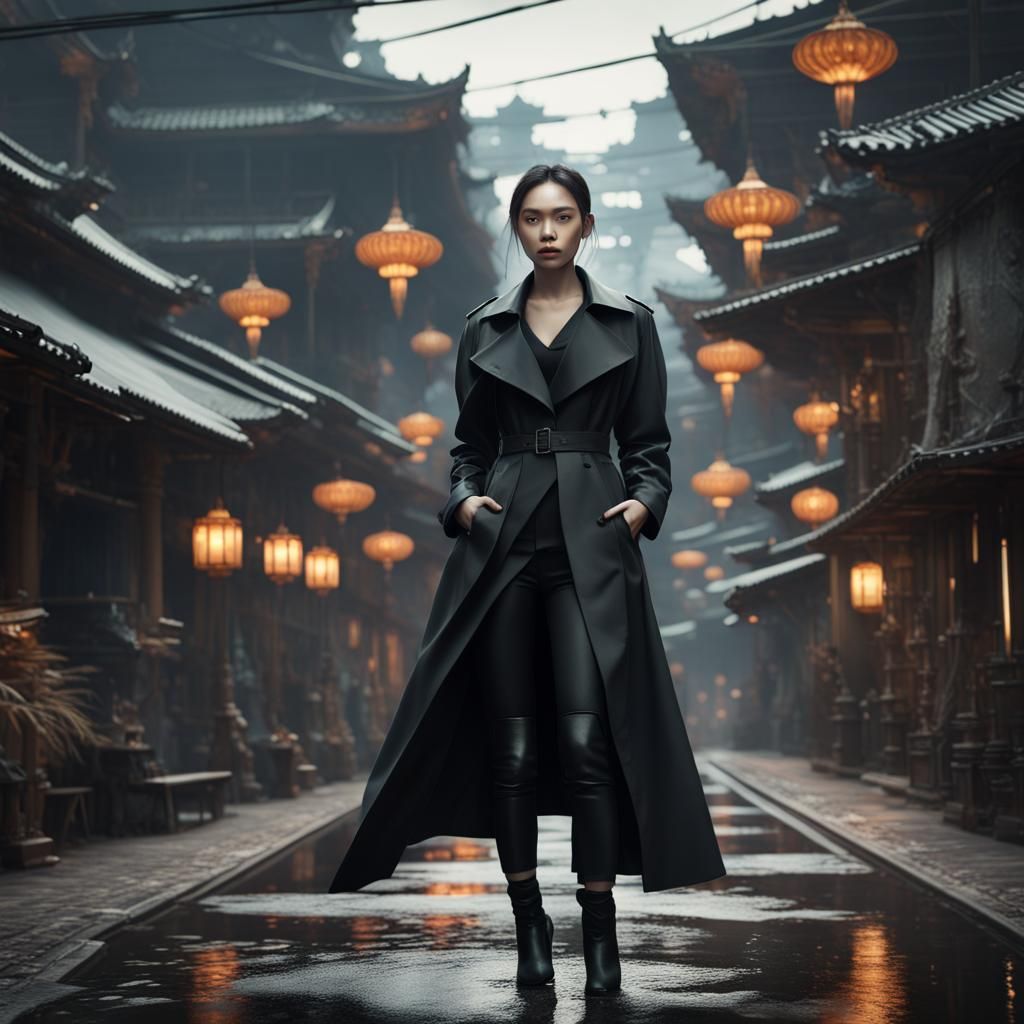 Thai Woman in Black Trench Coat: Detailed Matte Painting