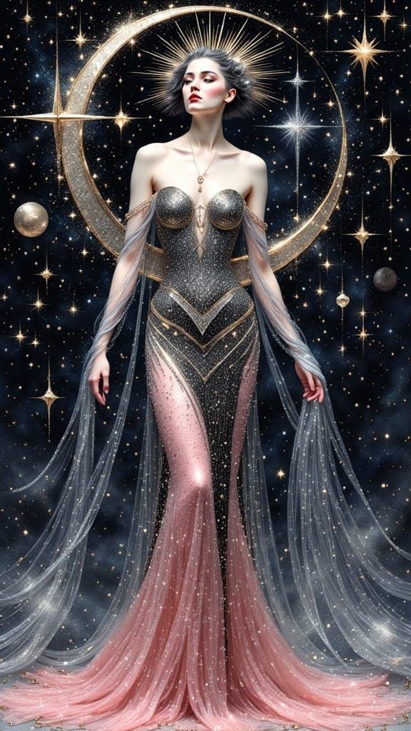 Art Deco Celestial Goddess in Constellation Gown