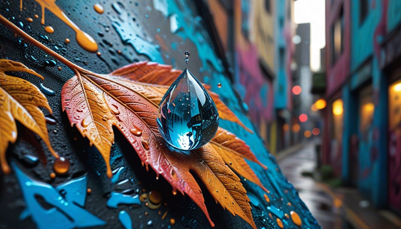 Graffiti Leaf Reflected in Raindrop: Macro Photograph