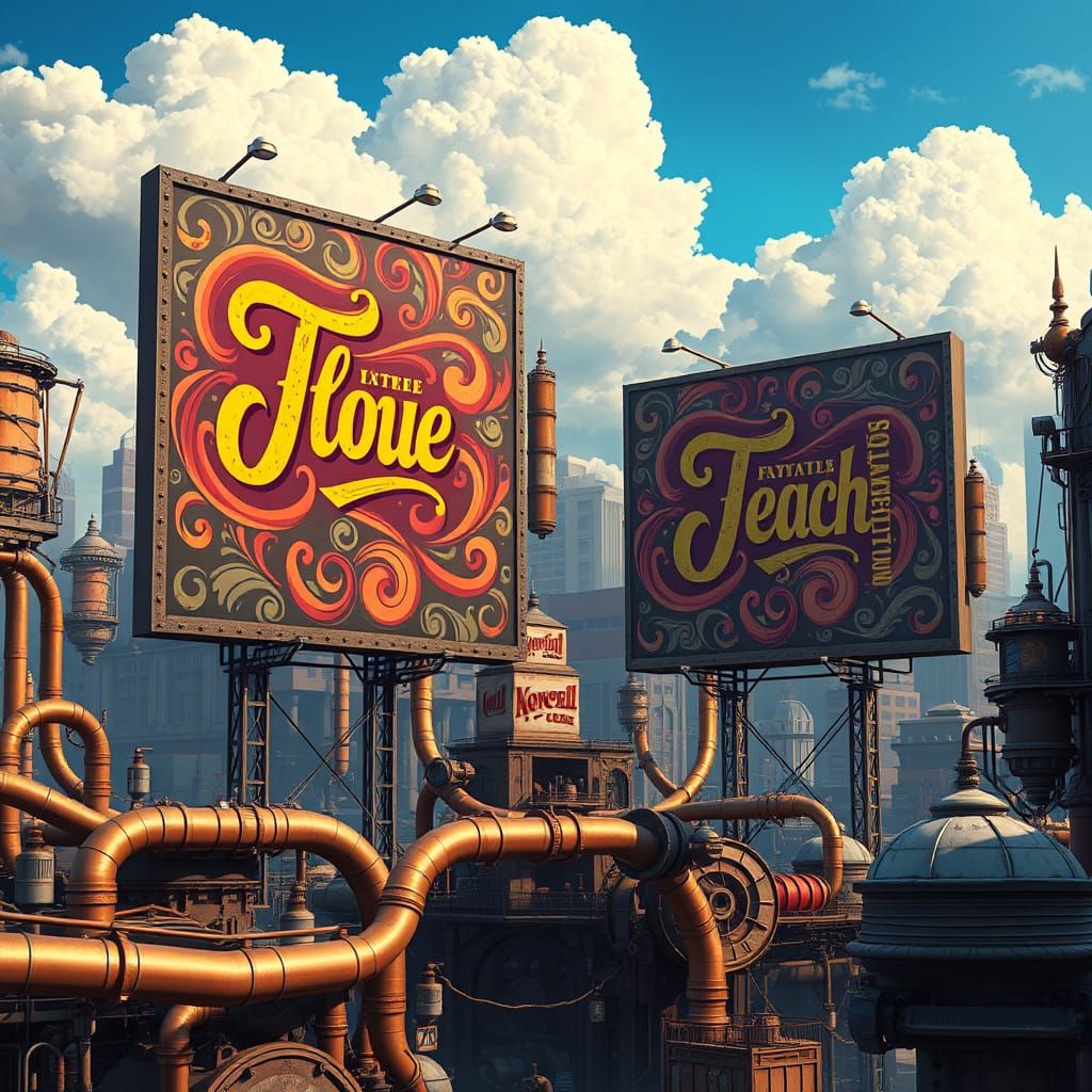 Whimsical Cityscape Billboards in a Fantastical World