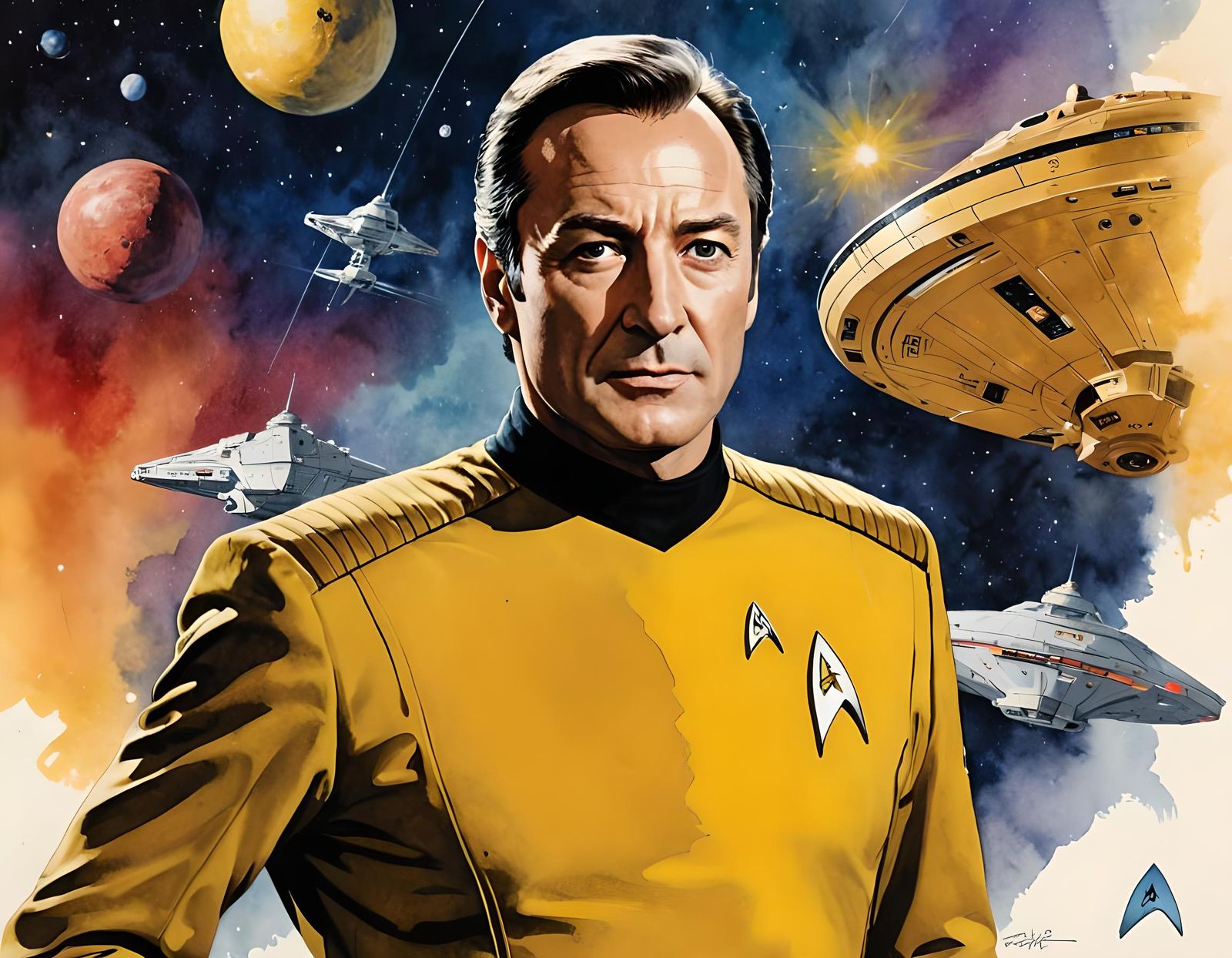 Lieutenant Data Watercolor Illustration in 1980s Style