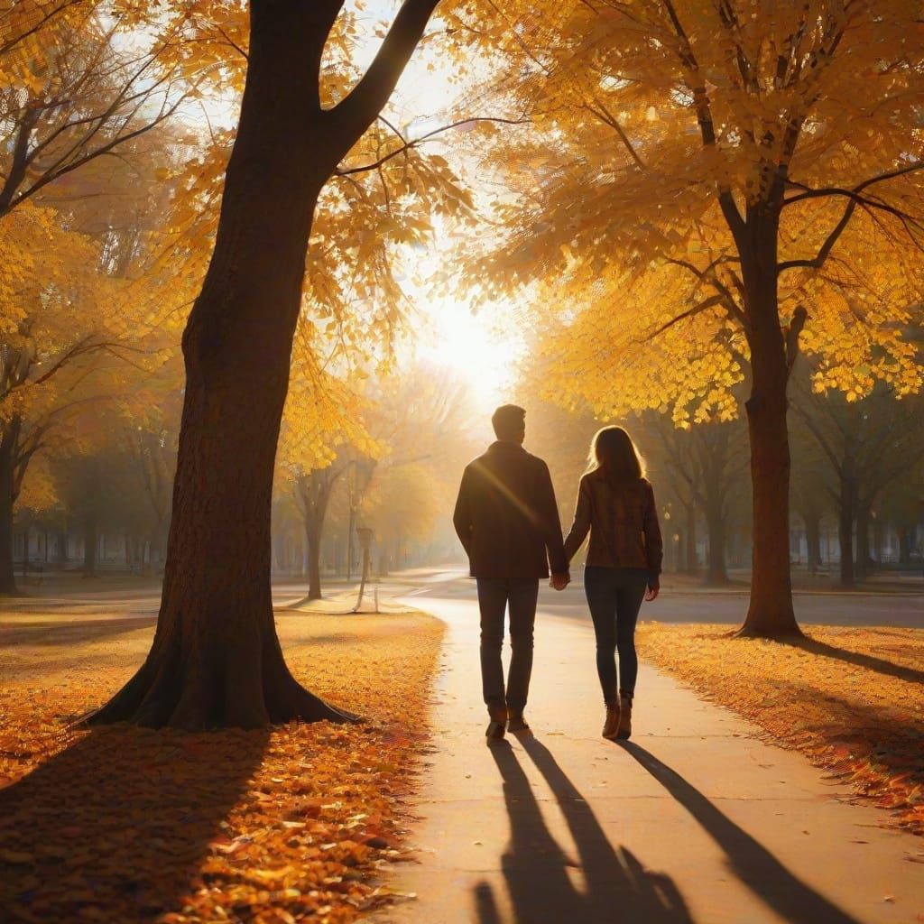 Romantic Autumn Stroll: Golden Light Through the Leaves