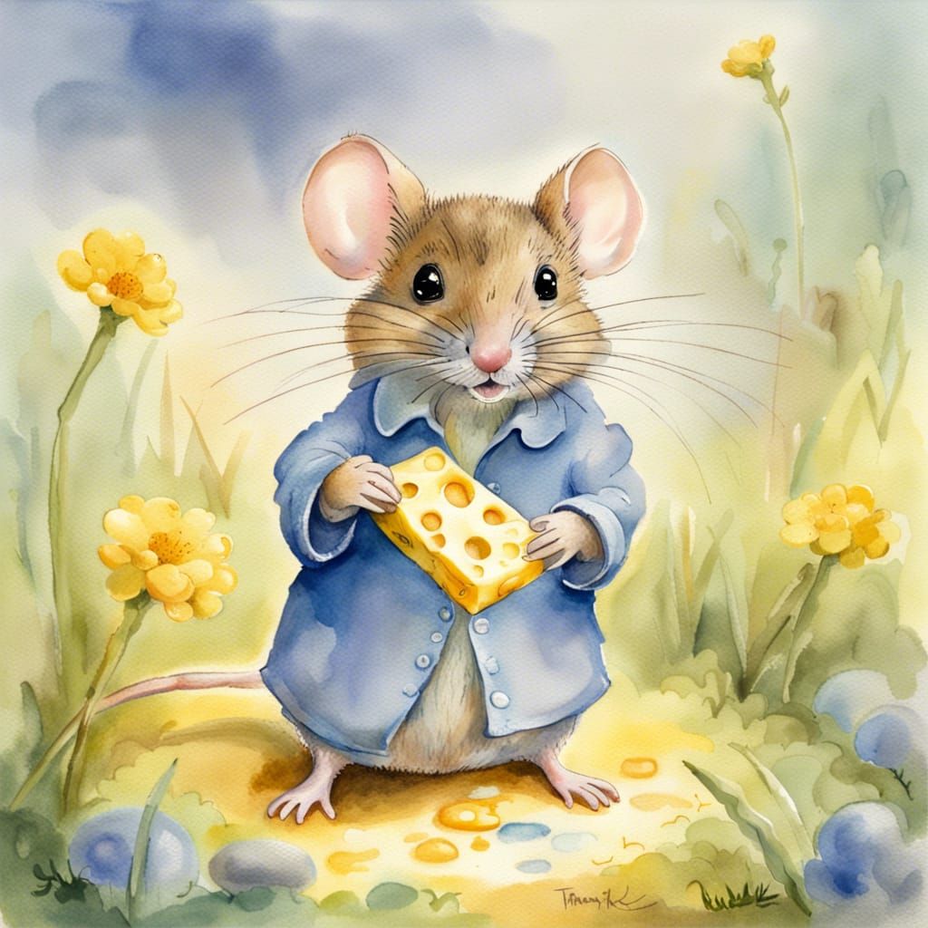 Mouse Sculpting Cheese Mouse, Beatrix Potter Watercolor